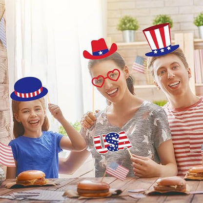 30 Pcs 4th of July Photo Booth Selfie Props Kit for Independence Day Party Game Decorations, American Patriotic Theme Labor Parade DIY Decors Supplies Flag Uncle Sam Hat Lip Style for People Photo