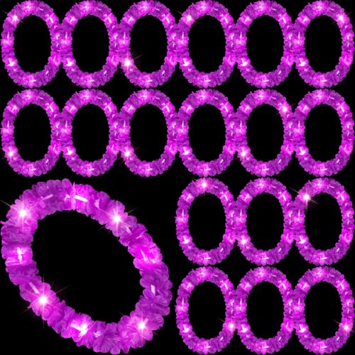 Sherr 24 Pcs LED Purple Leis Light up Wedding Hawaiian Leis Flower Necklace with LED Lights Beach Tropical Carnival Party Wedding Supplies Luau for Masquerade - color: Dark Purple