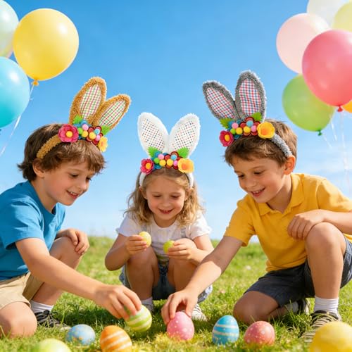 3 Pack Luxurious Easter Bunny Ears Headband Cute Plush Rabbit Ears for Kids Adult Cosplay Birthday Party Supplies - color: 3pcs Headband With Flowers-3