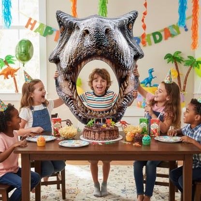 Colingmill Dino Themed Photo Backdrop Dinosaur Head Photos Frame Inflatable Balloon Decorations Hanging Dinosaur Photo Booth Props for Dino Party Decorations Jungle Safari Birthday Party Supplies - style: Dinosaur