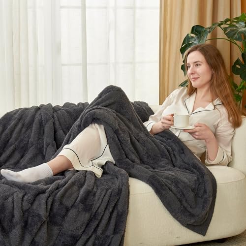 Snuggle Sac Faux Fur Checkered Blanket Twin Size with Soft Knitted Microfiber Fabric,Cozy Soft Warm Blanket for Sofa Bedroom Living Room,Solid Dark Grey,60x80 inches - color: Solid Dark Grey, size: Twin(60"x80")