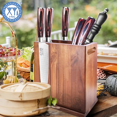 XYJ Magnetic Knife Block Holder,Double Side Magnetic Knife Stand,Acacia Wood,Extra Large Capacity Magnet Knife Storage for Knives and Utensils,Kitchen Organizer Rack Tool Without Knives - color: dark wood color, size: 8.5*8.5 inch without board