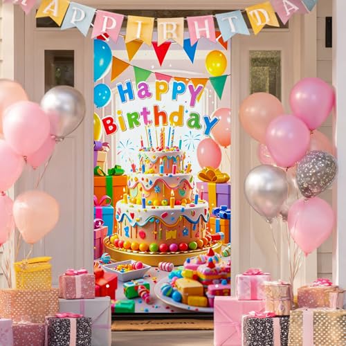HOMETITUTE Birthday Door Cover 71x35 Inch Colorful Cake and Candy Theme Birthday Banner for Kids Party Decorations Gift Backdrop Sign for Boys Girls Wall Party Supplies Use - color: Colorful Cake and Candy