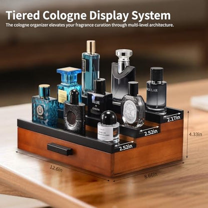 Perfume Organizer for Men, 3 Tier Wood Perfume Display Stand with Velvet Lining Drawer and Hidden Compartment for Watch,Jewelry,Perfume Display Risers,A Gift for Men (Black+Walnut) - style: 3 Tier - BlackWalnut