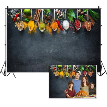 12x6ft Condiment Spice Backdrop Scoop Colorful Condiment Seasoning Food Cooking Material Black Plate Photography Background Party Conference Cuisine Video Studio Photo Props Polyester - size: 12x6ft-polyester
