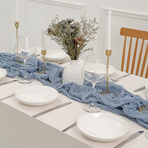 DOLOPL Dusty Blue Cheesecloth Table Runner for Gender Reveal Decorations 13.3ft Boho Gauze Cheese Cloth Table Runner Rustic Sheer Runner 160inch Long for Wedding Bridal Baby Shower Decorations - color: Dusty Blue