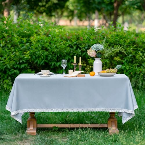 EHouseHome Faux Linen Tablecloth with Lace Trim - Waterproof/Spill Proof/Stain Resistant/Wrinkle Free/Oil Proof - for Banquet, Parties,Dinner,Kitchen,Wedding,Holiday,Blue Fog,Rectangle 60x84Inch - color: Blue Fog, size: 84" x 60" (Rectangular)