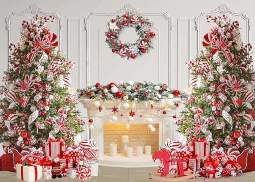 7x5 FT Christmas Fireplace Backdrop White Fireplace Red Xmas Tree Photography Background Winter Christmas Family Kids Holiday Party Theme Decorations Banner Photo Booth Props - size: 7x5 FT