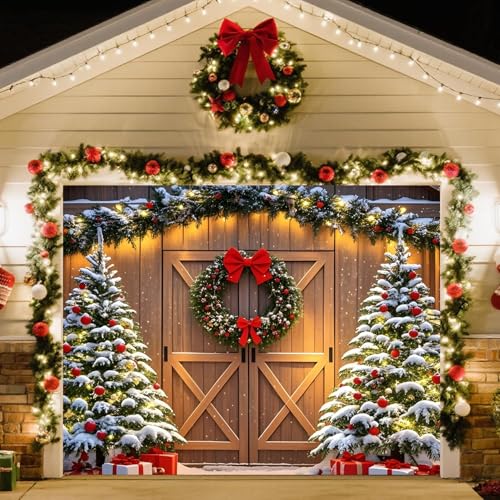 Christmas Garage Door Cover, Garage Door Christmas Banner, Holiday Decoration Banner Backdrop for Families Photo Props, Indoor Outdoor Xmas Party Decor Supplies