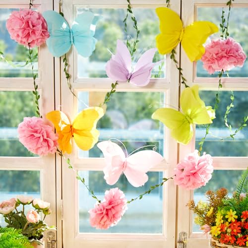 OBBOLO 3D Hanging Butterfly Decorations, Colorful Butterfly Birthday Party Decorations with Tissue Pompom Garland, 6 Pcs Paper Hanging Decorations for Girls, Women, Flower Garden Party Décor - color: Pink Purple Yellow