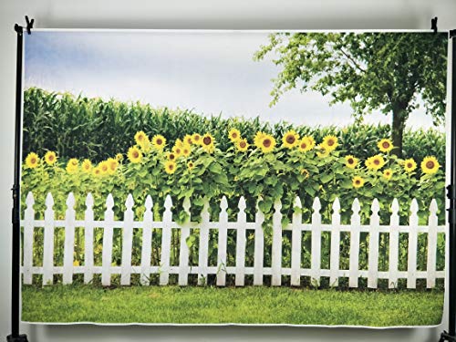 Leyiyi Spring Natural Scenery Backdrop 5x3ft Photography Backdrop Blossoming Yellow Sunflowers Tall Lush Tree White Wooden Textured Fence Family Children Baby Girl Personal Portraits Studio Props - size: 5x3ft