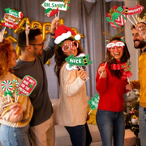 40Pcs Christmas Photo Booth Props, Christmas Party Favors, Fun Santa Gingerbread Snowman Holiday Prop for Photoshoot, Xmas Backdrop Accessories for Holiday Winter Party Supplies