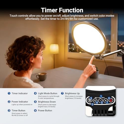 NEEWER Basics 10.5" Streaming Key Lighting, 3000-6500K 15W Full Screen LED Panel Ring Light with Adjustable Arm Stand Desk Clamp Timer for Laptop Computer Video Conference Zoom Makeup, R10
