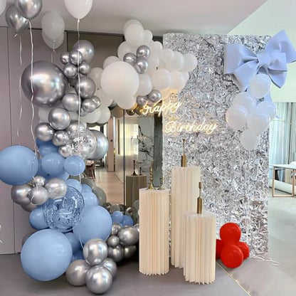MEBAY Dusty Blue Gray Red Silver Balloon Arch Kit, 141 Pcs Dusty Blue Retro Grey Metallic Silver Red and Silver Confetti Balloons for Birthday Wedding Baby Bridal Shower - color: 141-dusty Blue