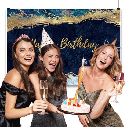 12x6ft Blue Marble Backdrop for Birthday Party Glittering Gold Fluid Happy Birthday Navy Blue Modern Photoshoot Background for Celebration Newborn Bbay Shower Kid Adult Portrait Photo Prop - size: 12x6ft-polyester