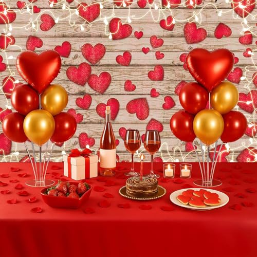 Vintage Rustic Wood Glitter Glow Red Love Heart Valentine's Day Theme Photography Backdrop Wedding Anniversary Bridal Shower Mother's Day Photo Background Couple Studio Shoot Props Supplies 7x5ft - size: 7x5 FT