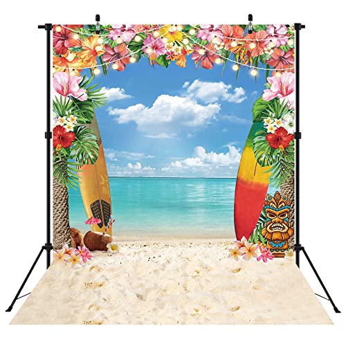 5x7ft Summer Hawaiian Beach Backdrop for Photography Tropical Flower Luau Hawaiian Party Decorations Aloha Blue Sky Ocean Palm Leaves Background Supplies Photoshoot - size: 5'x7'