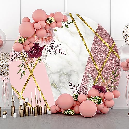 Renaiss 7.5x7.5ft Floral Marble Round Backdrop Cover for Photoshoot Portrait Rose Pink Glittering Camellia Circle Photography Background Wedding Bridal Shower Mother's Day Party Decor Photo Booth Prop - size: 7.5ftx7.5ft
