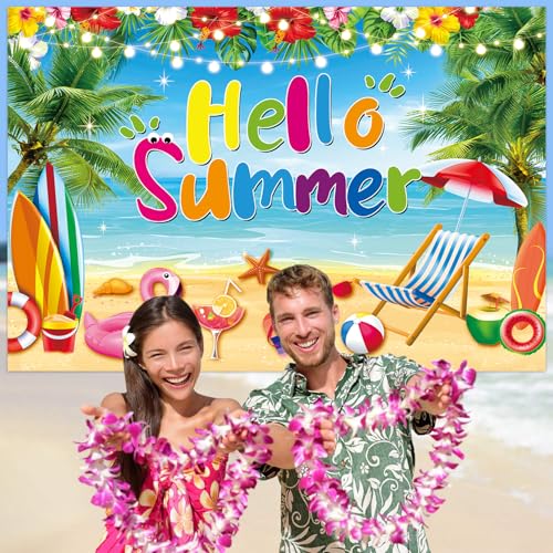 Hello Summer Backdrop Hawaiian Seaside Beach Photography Background Pool Party Background Hawaiian Tropical Themed Party Decorations Banner (7x5FT（210x150cm）) - size: 7x5FT（210x150cm）