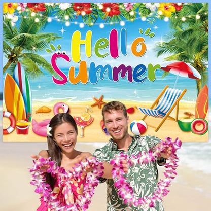 Hello Summer Backdrop Hawaiian Seaside Beach Photography Background Pool Party Background Hawaiian Tropical Themed Party Decorations Banner (8x6FT（240x180cm）) - size: 8x6FT（240x180cm）
