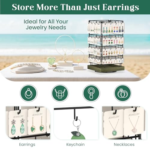 EsLuker.ly Rotating Earring Display Holder Stand for Vendors Events Selling, Large Capacity 64 Hooks Jewelry Rack with Wooden Base for Earring Card Sales, Enhances Retail Visibility(Rustic Gray) - color: Rustic Gray+Black