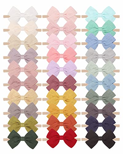 jollybows 30pcs Baby Girls Nylon Hair Bows Headbands Linen Bands Elastic Accessories for Kids Infants Newborn (3-30 PCS Solid Linen) - color: 2- 30PCS baby headbands