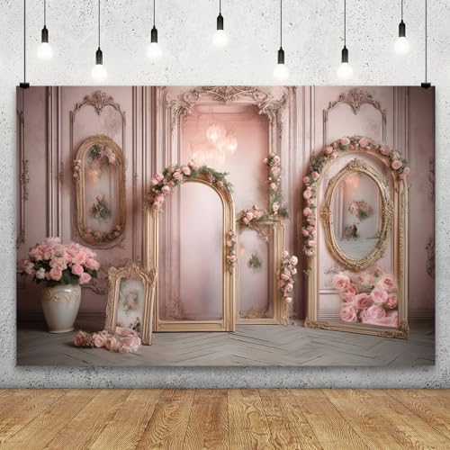 YongFoto European Retro Elegant Room Interior Wall Backdrop 10x6.5ft French Arched Oil Painting Frame Floral Vase Garland Photography Background Wedding Party Home Art Decor Portrait Photoshoot Props - color: Pink, size: 10ftx6.5ft