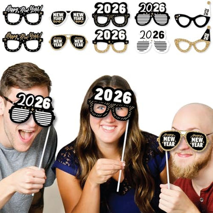 Big Dot of Happiness Hello New Year Glasses - Paper Card Stock 2026 NYE Party Photo Booth Props Kit - 10 Count