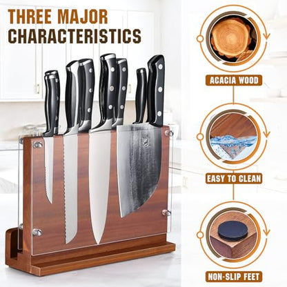 ENOKING Magnetic Knife Block with Acrylic Shield 12 x 9 Inches, Double Side Kitchen Knife Holder without Knives- Acacia Wood Universal Knife Storage Organizer with Powerful Magnet for Kitchen Counter - size: 12*9 inches