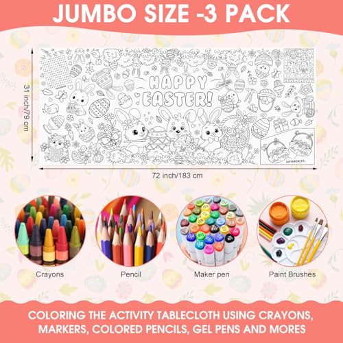 3 Pcs Giant Easter Coloring Poster, Large Happy Bunny Coloring Tablecloth, Jumbo Cute Spring Paper Coloring Table Cloth Banner for Easter Activities Games Party Supplies Favors Props, 31 x 72 Inch - color: Easter 3 Pcs