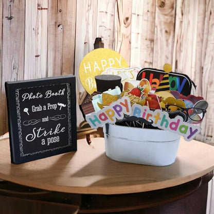Birthday Photo Booth Props - 41-pc Kit with 8 x 10-Inch Sign, 60 Adhesive Pads, 45 Sticks