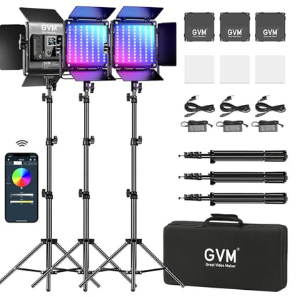 GVM RGB LED Video Lighting Kit, 800D Studio Video Lights with Panel, APP Control for YouTube Photography Lighting, , 3200K-5600K, 8 Kinds of The Scene Lights, 3 Packs - size: 3 Packs
