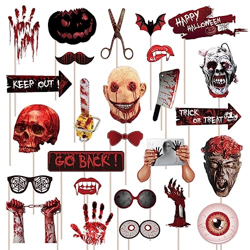 mdgfge 26 Pcs Halloween Horror Photo Booth Props Sign Kit Horror Spooky Skull Mask Death Day Fiesta Decoration for Halloween Party Women Men Selfie Accessories