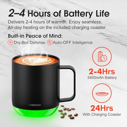 Vsitoo S6 Plus Smart Coffee Mug, 12oz,Temperature Controlled Mug & Electric Coffee Mug with Music Sync Lights，Auto-Sensing AI Heats Drinks to 120-150°F Hands-Free. Ideal for Home/Office/Gifts - Black - color: Black