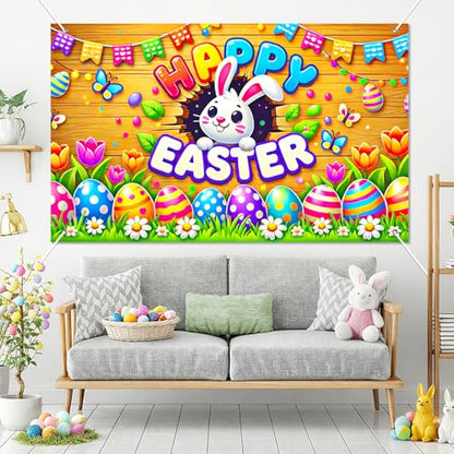BlissYard Happy Easter Party Backdrop Banner Bunny Backdrop 71x43 Inch Spring Easter Cute Rabbit Colorful Eggs Floral Background Photography Baby Shower Party Photo Booth Props - color: Easter Bunny#6