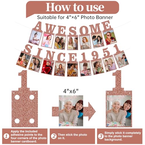 Pre-strung Awesome Since 1951 Photo Banner Birthday Decorations for Women- Pink Rose Gold Glitter 75th Birthday and Anniversary Decorations Party Supplies - style: Pink Rose Gold 75th