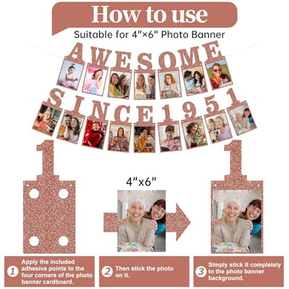 Pre-strung Awesome Since 1951 Photo Banner Birthday Decorations for Women- Pink Rose Gold Glitter 75th Birthday and Anniversary Decorations Party Supplies - style: Pink Rose Gold 75th