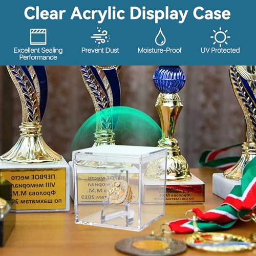 16 Pcs Championship Ring Display Case, 2.17 Inch Acrylic Single Ring Holder with Wooden Stand Base, Small Clear Football Baseball Rings Holder Display Box for Sports Fan Super Bowl Souvenirs