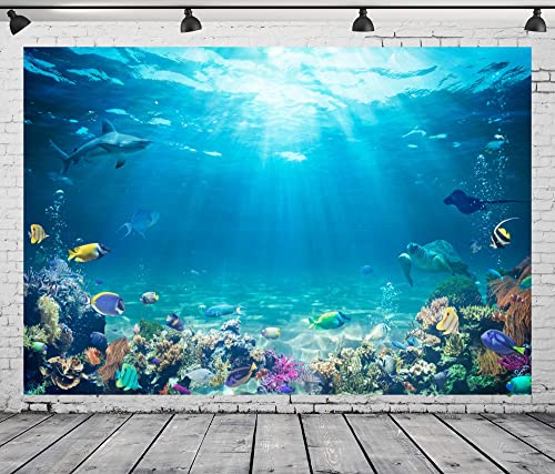 BELECO Underwater World Backdrop 12x8ft Fabric Undersea Backdrop for Photography Under The Sea Tropical Fish Dolphin Turtle Coral Deep Sea Sunlight Seabed Background Undersea Party Photo Studio Prop - size: 12x8FT