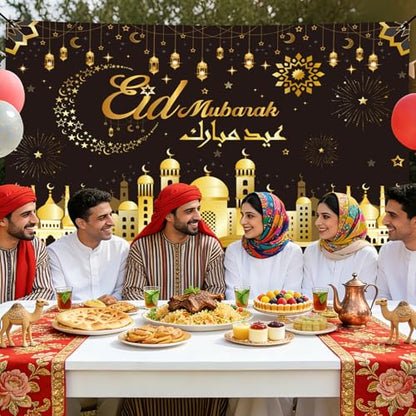 Ramadan Eid Mubarak Decorations - 5.9 x 3.6 Ft Gold Black Muslim Islamic Photography Backdrop Photo Booth Prop Decor Set Eid Al Fitr عيد مبارك Arabic Version Party Supplies for Home