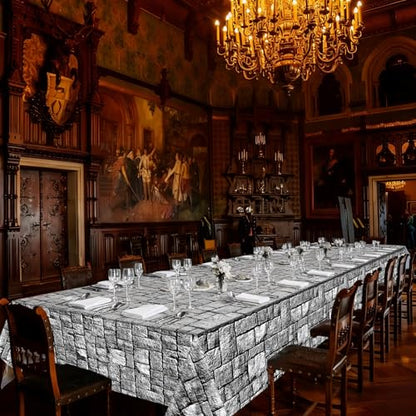 party greeting Stone Wall Tablecloth Roll 200FT x 51 Inch Disposable Brick Stone Plastic Table Covers Roll Castle Wall Backdrop for Halloween Western Birthday Medieval Party Decoration Favors Supplies