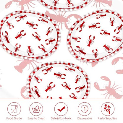 Grencian 50Pcs Crawfish Boil Oval Paper Plates 10" X 12" Disposable Red Grid Pattern Crawfish Party Plates Crawfish Tableware for Lobster BBQ Gathering Picnic Cookout Carnival Birthday Decorations - style: 50Pcs Crawfish Oval Kit