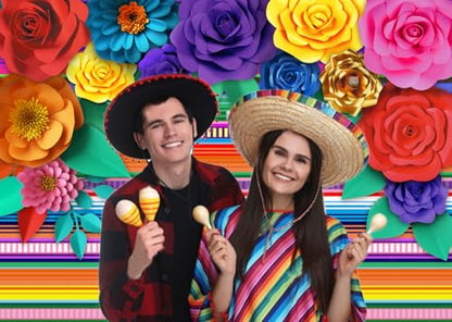 Mexican Theme Party Striped Backdrop Fiesta Cinco De Mayo Paper Flowers Background Party Decoration for Cake Table Decor Photo Booth 7X5FT - size: 7′x5′