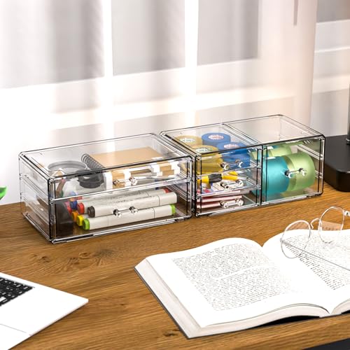 Cq acrylic 2 Pack Clear Desk Organizer With Drawers,Stackable 6 Drawers Skincare Organizer,Cute Skin Care Organizers for Vanity Hair Clip,Jewelry,Beauty Product Desk and Makeup Organizers Countertop - size: Large 6 Drawers