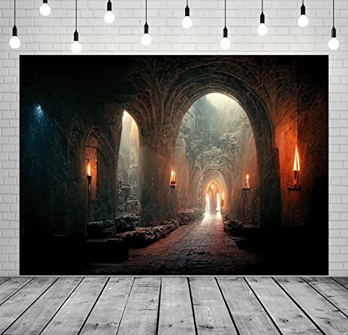 BELECO 10x6.5ft Fabric Dark Medieval Castle Dungeon Backdrop for Photography Ancient Prison Cell Arches Underground Tunnel Corridor with Candles Horror Background Halloween Party Photo Studio Props - size: 10x6.5FT