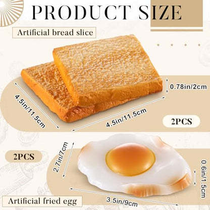 Soulchen 4 Pcs Fake Prop Food with Fake Bread and Fried Egg Realistic Artificial Simulation Toast Faux Egg Model for Home Kitchen Cabinet Shops Display Photography Sample Prank Prop