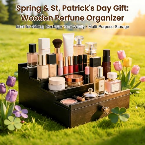 Men's Cologne Organizer 4 Tier Wooden Perfume Stand with Hidden Compartment & Bottom Drawer, Handmade Pine Wood Fragrance Display Shelf Storage for Cologne, Watches, Jewelry, Makeup Organizer