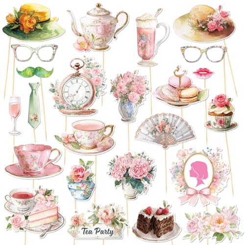 Tea Party Decorations, Tumwisk 24PCS Teacup Theme Photo Booth Props, Pink Selfie Props for Spring Garden Tea Party Bridal Shower Baby Shower Decorations Supplies Favor - color: Tea Party