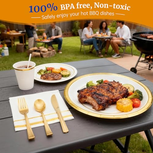 AIRE 175PCS White Gold Paper Plates Party Supplies Dinnerware Sets for 25 Guests, Disposable Paper Party Plates, Cups and Napkins, Gold Plastic Forks Knives Spoons for Wedding Birthday BBQ Parties - color: 175pcs White Gold