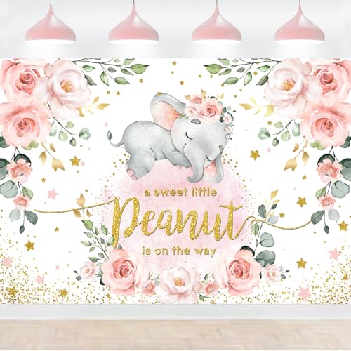 InMemory Pink Elephant Baby Shower Backdrop Watercolor Flower It's A Girl Oh Baby Shower Party Decorations Photography Background Floral Sweet Little Peanut is On The Way Banner 6x4ft - color: Pink&gold, size: 6x4ft